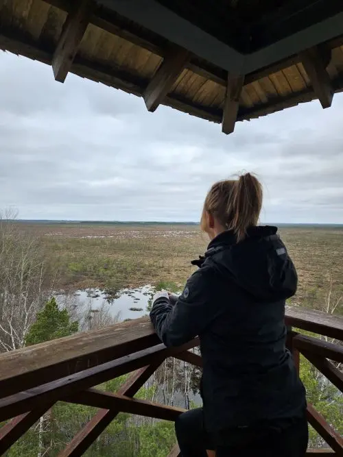 Steffi auf einem Aussichtsturm mit Blick über eine Moorlandschaft
