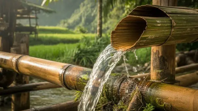 Wasser läuft durch ein Bambusrohr