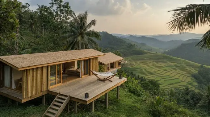 Ecolodge vor einer Kulisse aus Reisfeldern und Hügeln